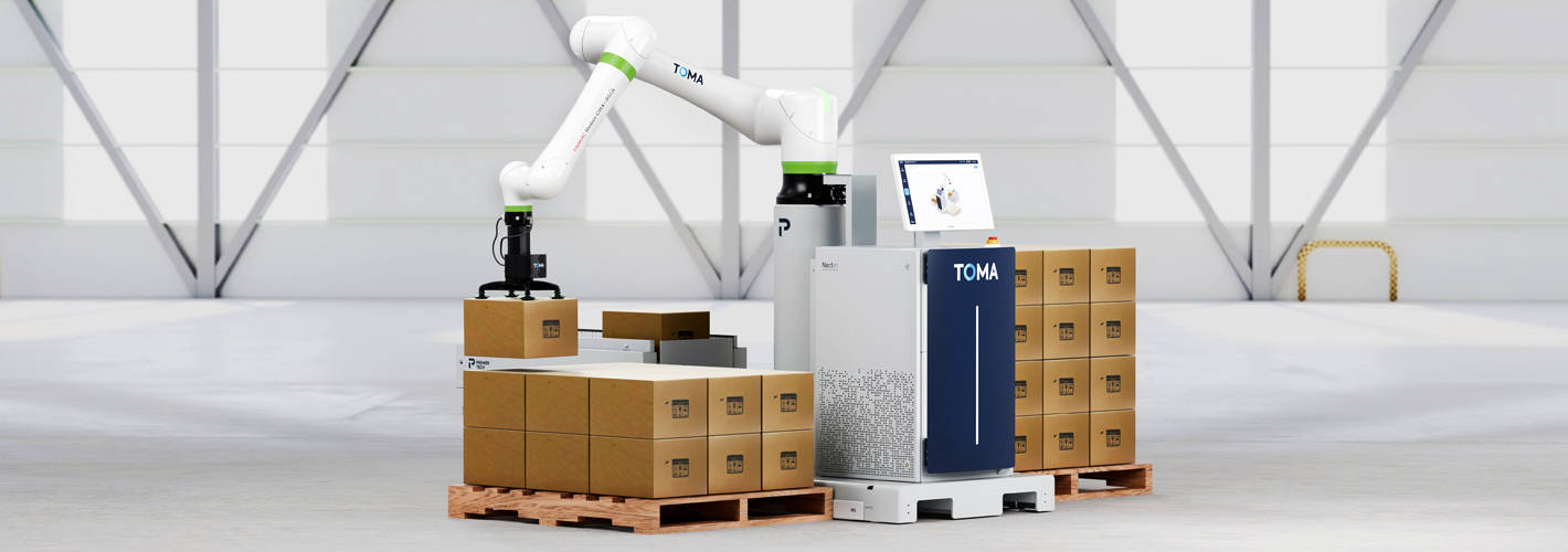 TOMA collaborative robot palletizer placing boxes on a pallet