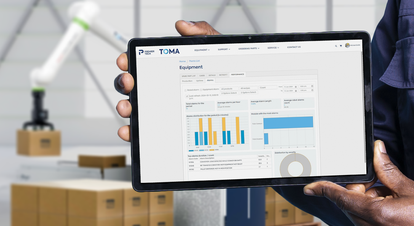 Client portal interface showing data provided by Necton to evaluate the performance of your collaborative palletizer